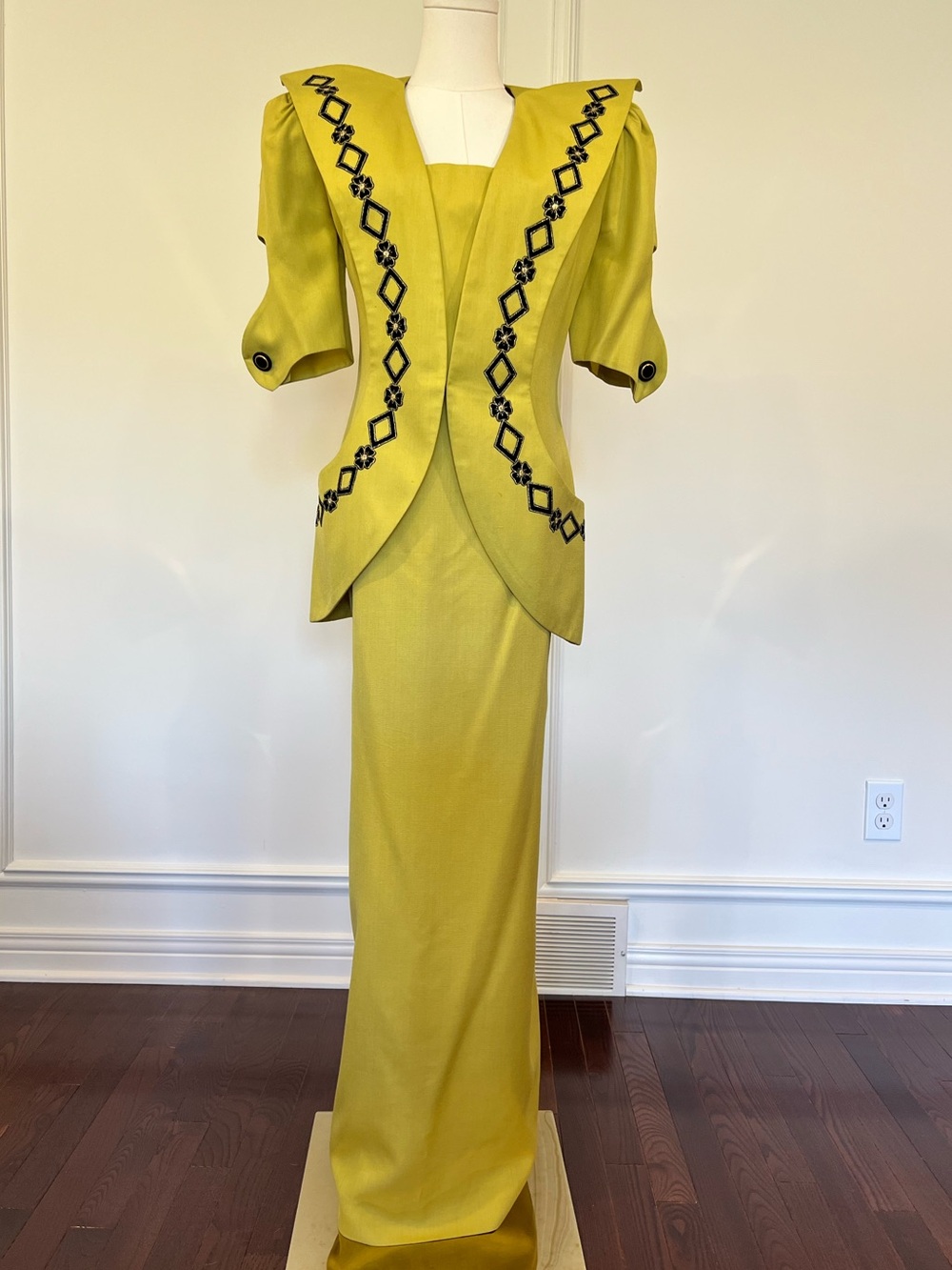 Vintage 80s Chartreuse Power Suit Puff Shoulder Soutache Jacket Maxi Skirt Set M